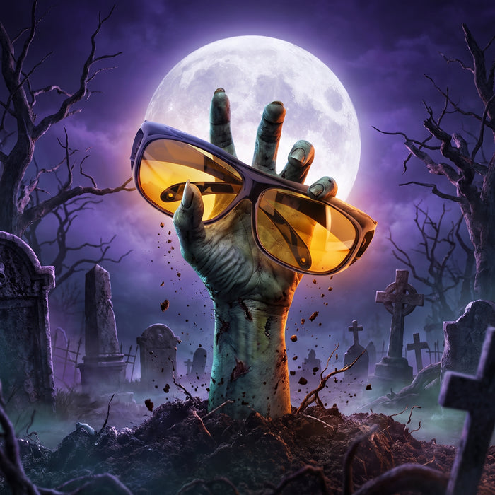 Sovra-occhiali Olvéa Notte tenuti da una mano di zombie, offerta di Halloween